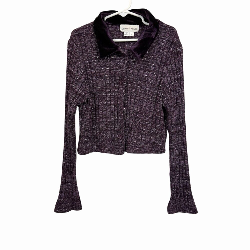 My Michelle Girls Sz 12 Purple Knit Cropped Long Sleeve Button Cardigan Vintage